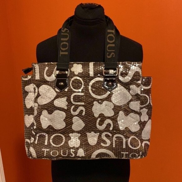 Tous Sequinned Purse Tote Brown Tan Turquoise Large Women’s Bag Pockets - Picture 5 of 9